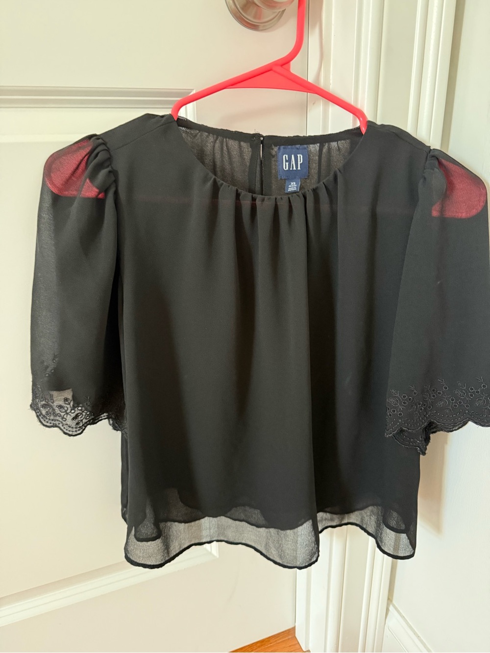 GAP Black Sheer Puff Sleeve Blouse with Eyelet Trim